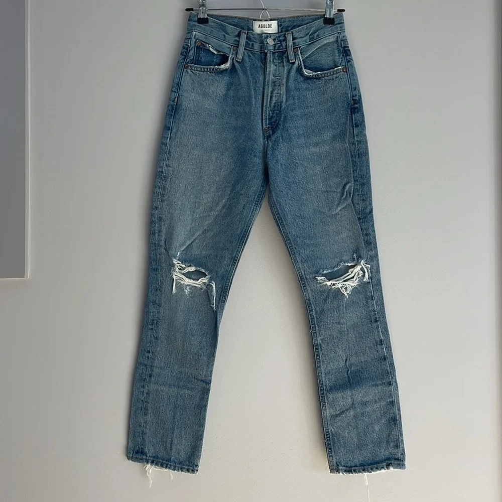Agolde Riley Medium Wash Distressed High Rise Straight Jeans 24 - Picture 4 of 14